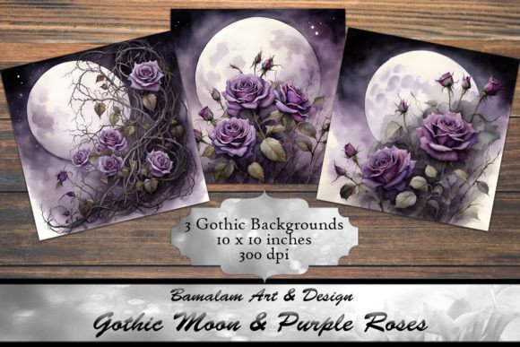 3 Gothic Moon & Purple Rose Backgrounds for Designers
