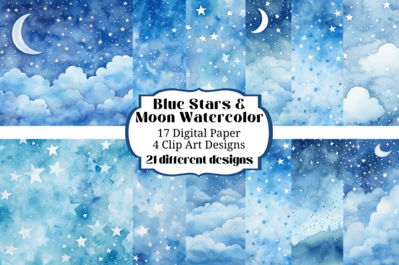 Enchanting Night Skies: Using Blue Stars Moon Watercolor Backgrounds