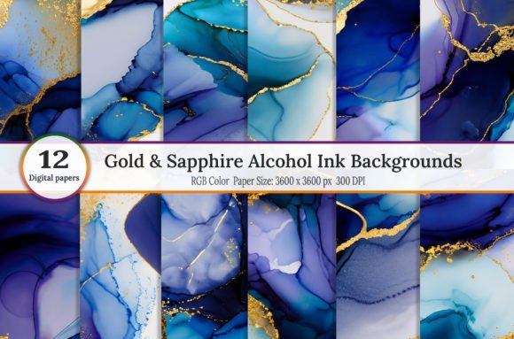 Gold & Sapphire Alcohol Ink Backgrounds: Creative Design Assets