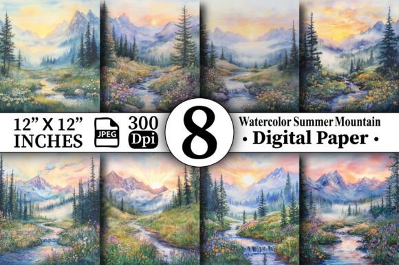 Watercolor Summer Mountain Backgrounds for Creative Projects